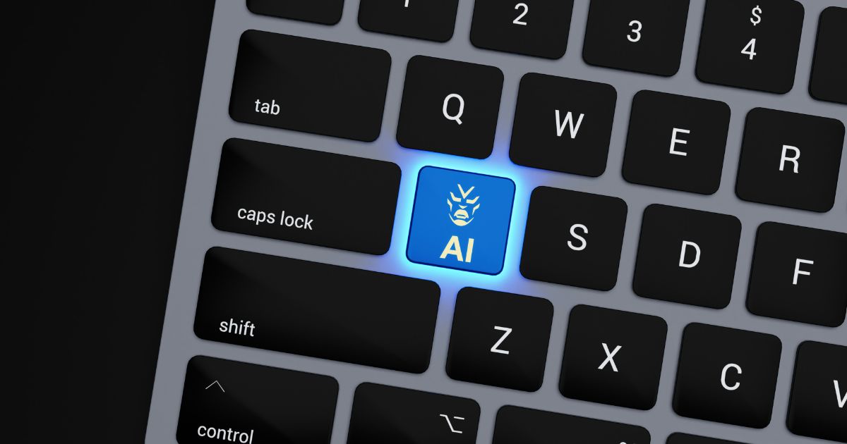 Close-up of a keyboard with a glowing blue "AI" key featuring a mask design.