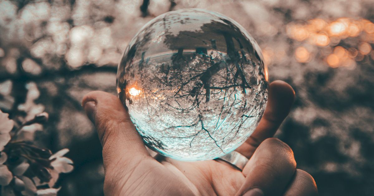 A person holds a glass ball, reflecting a tree in the background, creating a serene and enchanting atmosphere.