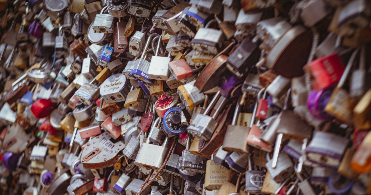A dense collection of various locks attached to a metal surface.